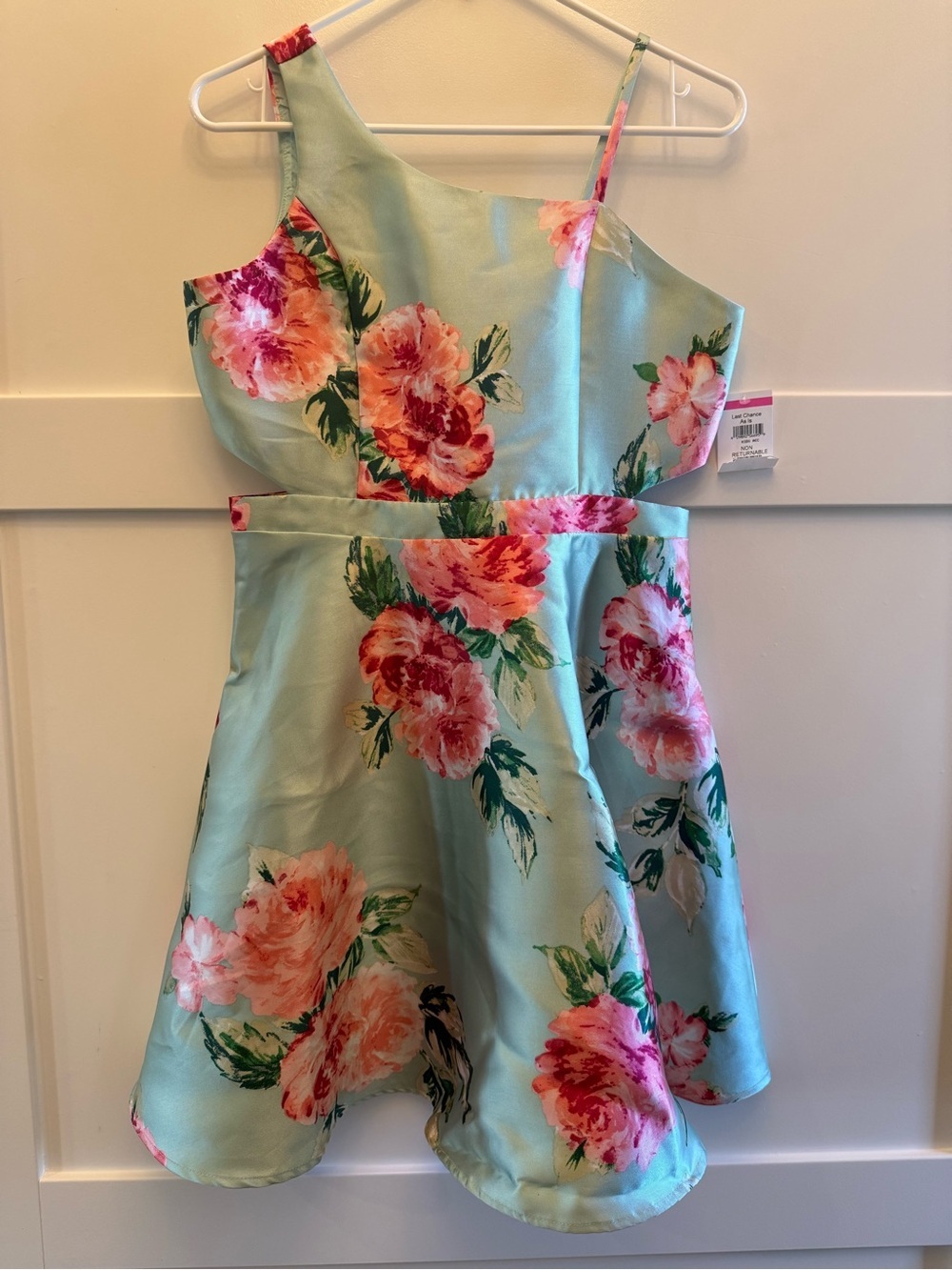 NWT Girls Size 16 Mint Floral One Shoulder Cutout Skater Dress Party
